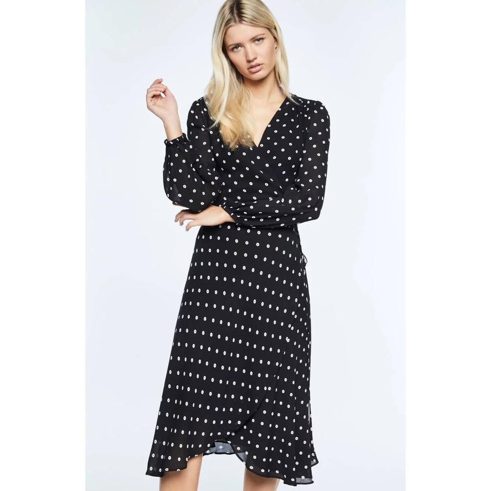 Bardot revolve Black Polka Dot Wrap Midi Dress Size Long Sleeve Sheer feminine